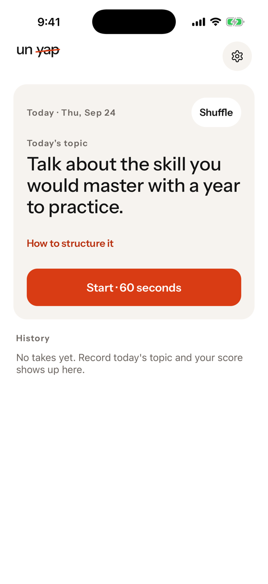 Unyap app screen showing today's speaking topic