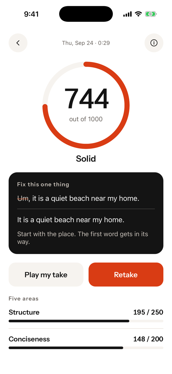 Unyap result screen showing the score and one quoted correction
